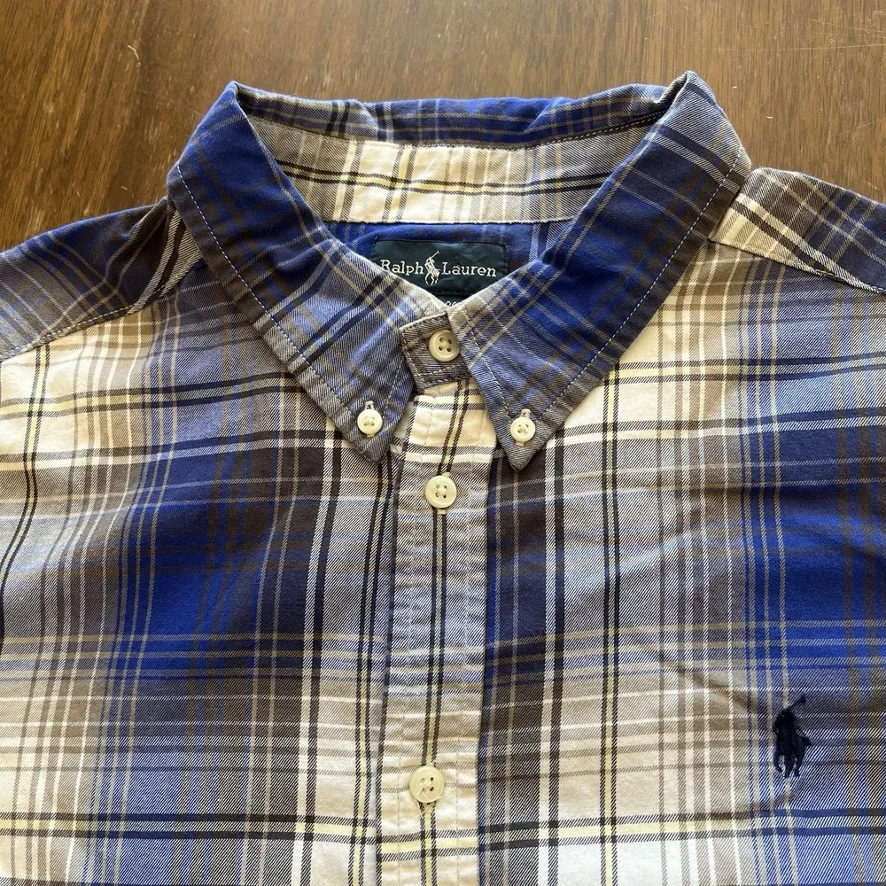 Vintage Ralph Lauren Mens XL Plaid Check Button Down Long Sleeve Shirt Blue